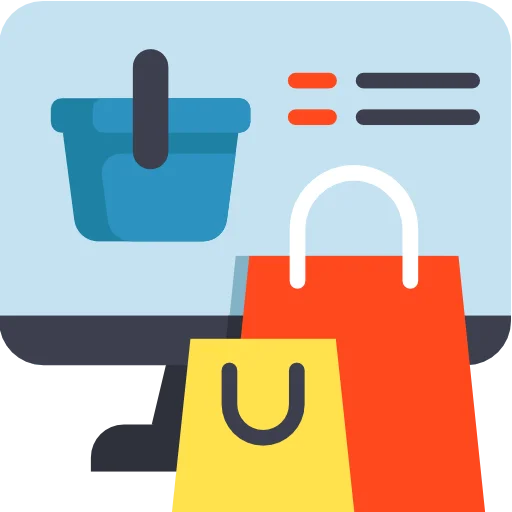 Illustration of a shopping cart and bags with computer icon representing ecommerce website development.