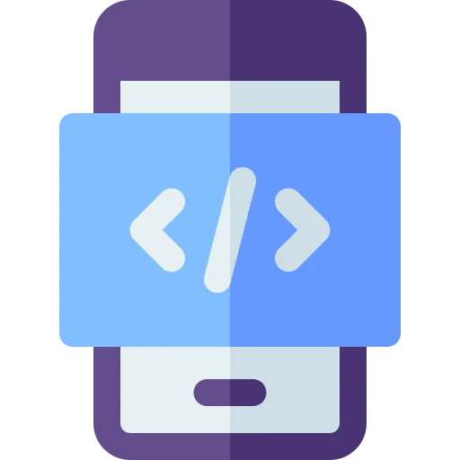 Icon representing mobile app development with coding symbols.