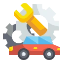Icon of a car with a wrench and gears representing automobile repair.