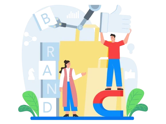 Illustration depicting brand marketing with a man and woman interacting with a magnet and shopping bags.