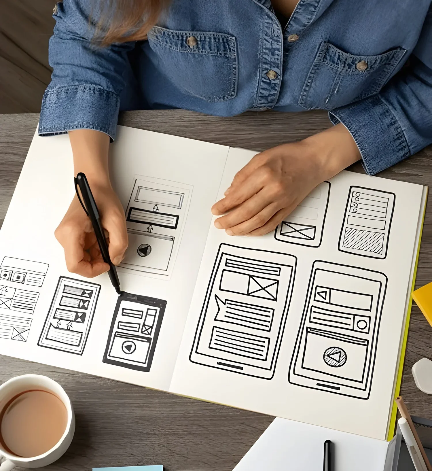 A person sketching mobile app layouts in a notebook.