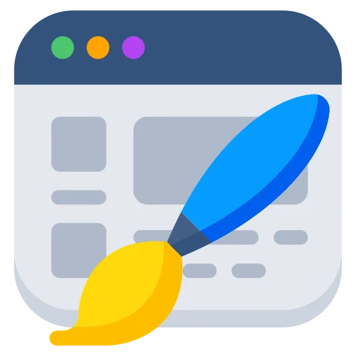 Icon representing custom website design tools with a paintbrush and a web interface.