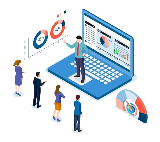 Graphic showing data-driven decision-making process with a laptop and analytical charts.