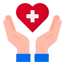 Illustration of hands holding a heart with a medical cross symbolizing health care and compassion.