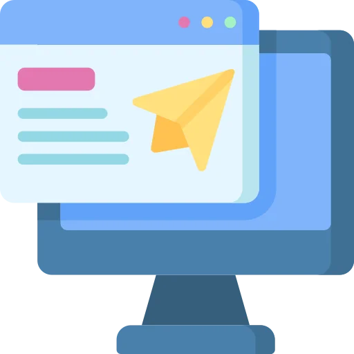 Visual icon for landing page design featuring a monitor and a paper airplane.