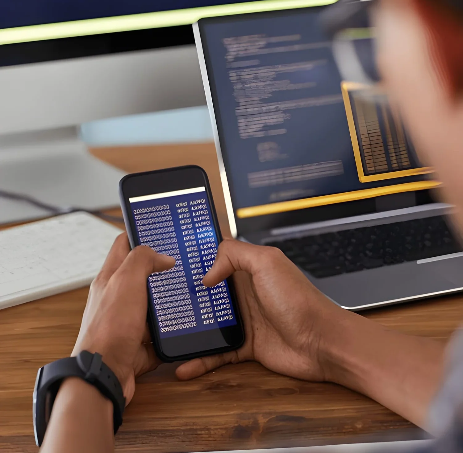 Hands interacting with a smartphone displaying mobile app code