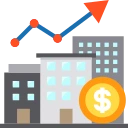 Graph showing real estate growth depicted with buildings and upward trend.