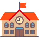 Icon of a school building with a clock and orange roof