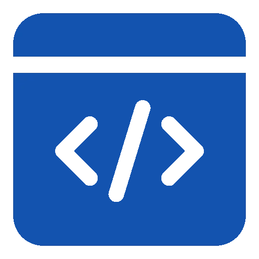 A simple blue icon representing a website design element with code symbol