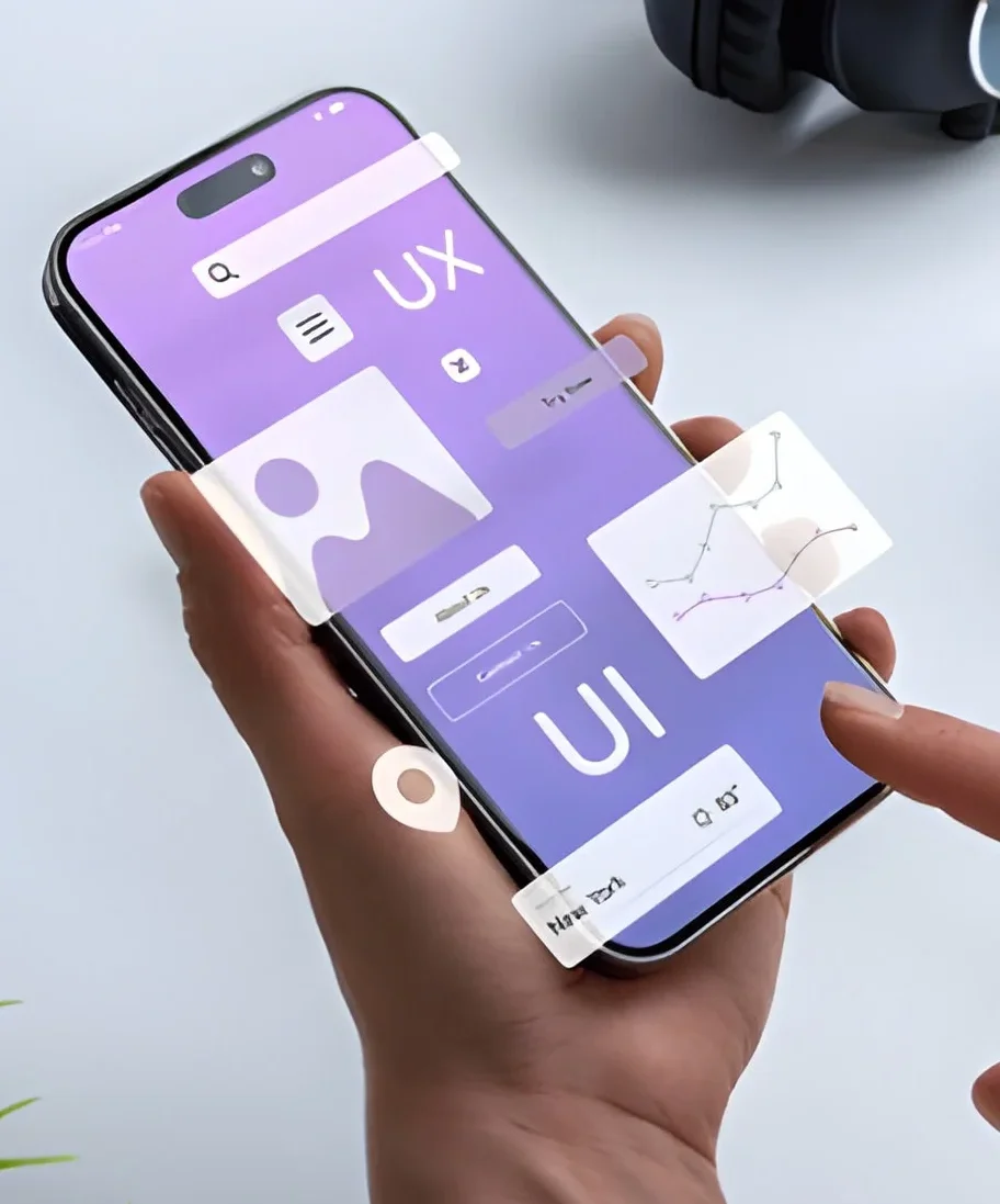 A hand interacting with a mobile app showcasing UX and UI design features.
