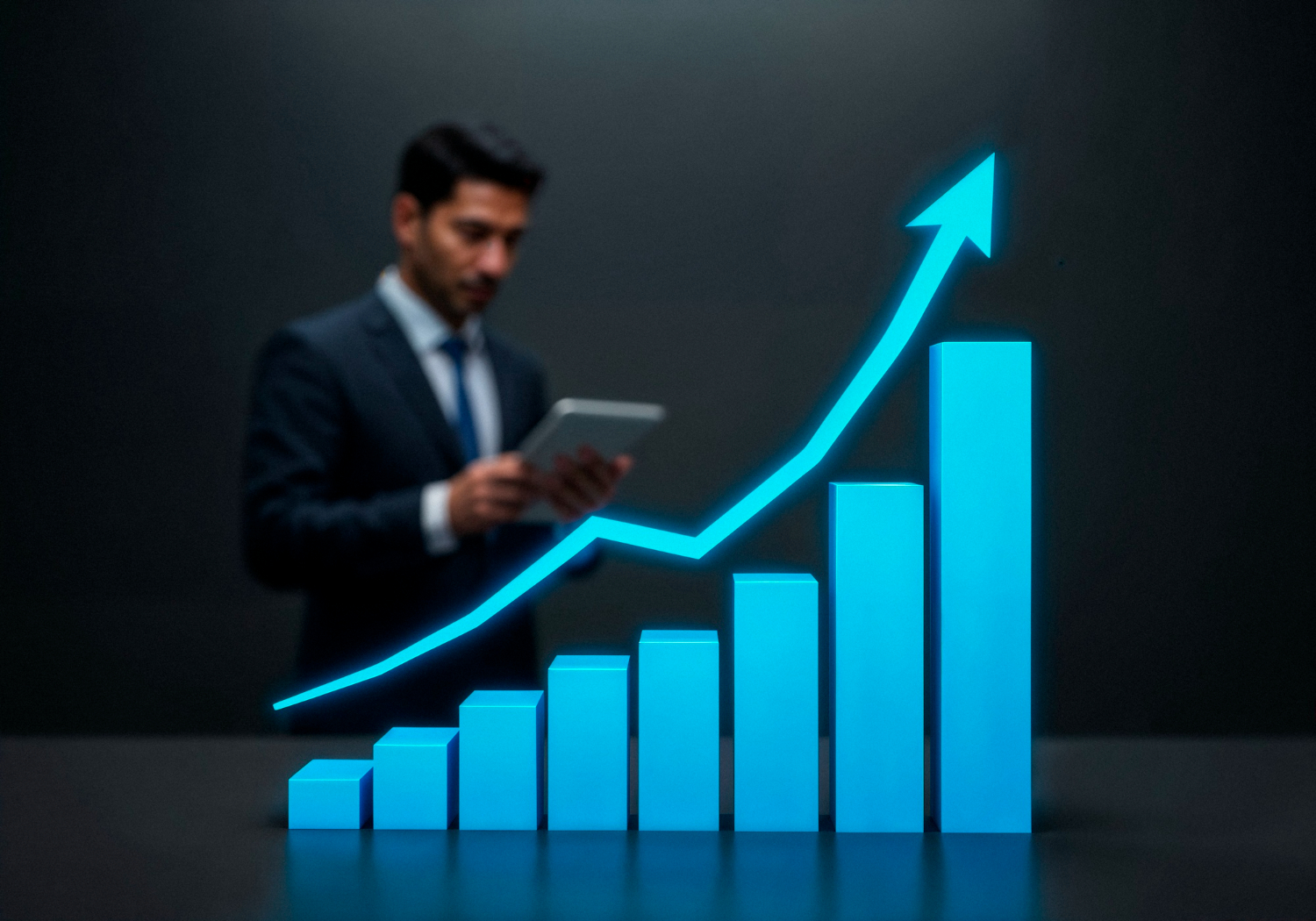 A blue growth chart indicating SEO progress with a professional analyzing data.