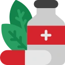 Illustration of a pharmaceutical bottle with green leaves representing natural ingredients.