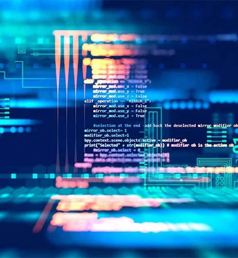 Abstract digital programming code background with glowing lines and text.