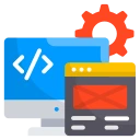 Icon representing software development with a computer and code symbol.