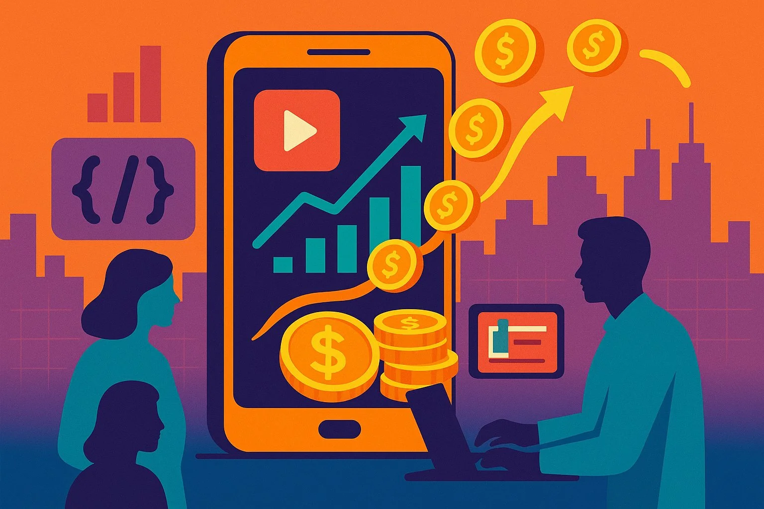Visual guide on strategies for earning money through YouTube content creation and other channels through the mobile app.