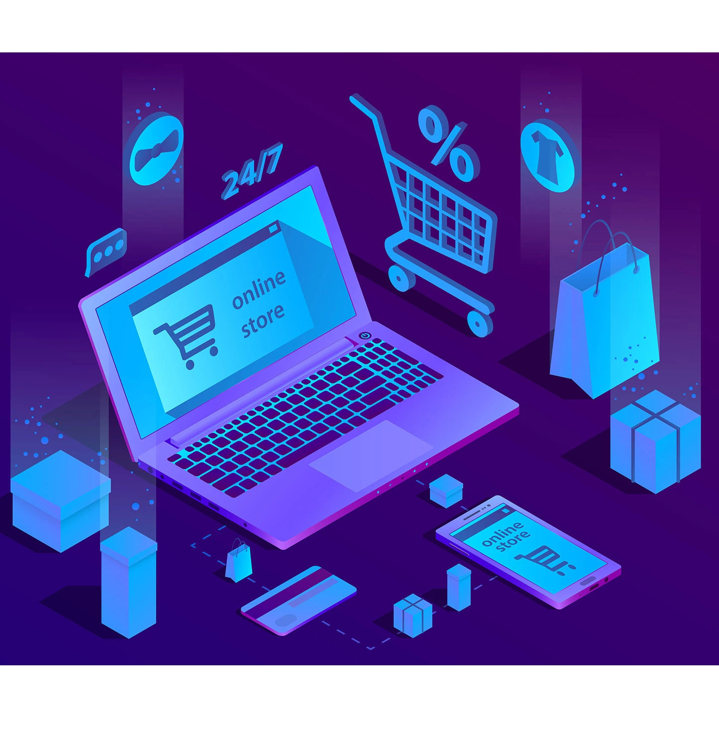 A laptop illustration featuring an array of shopping items, such as shoes, gadgets, and home goods.