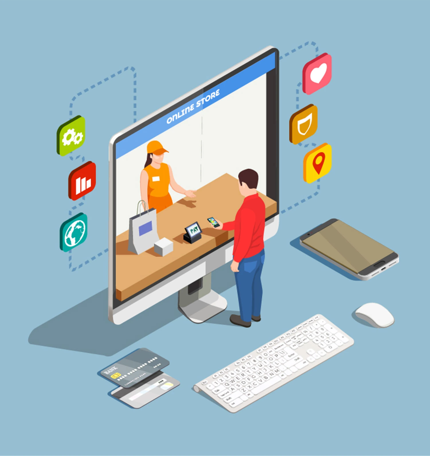 Isometric image depicting a man paying for items with a smartphone, showcasing modern mobile payment technology.