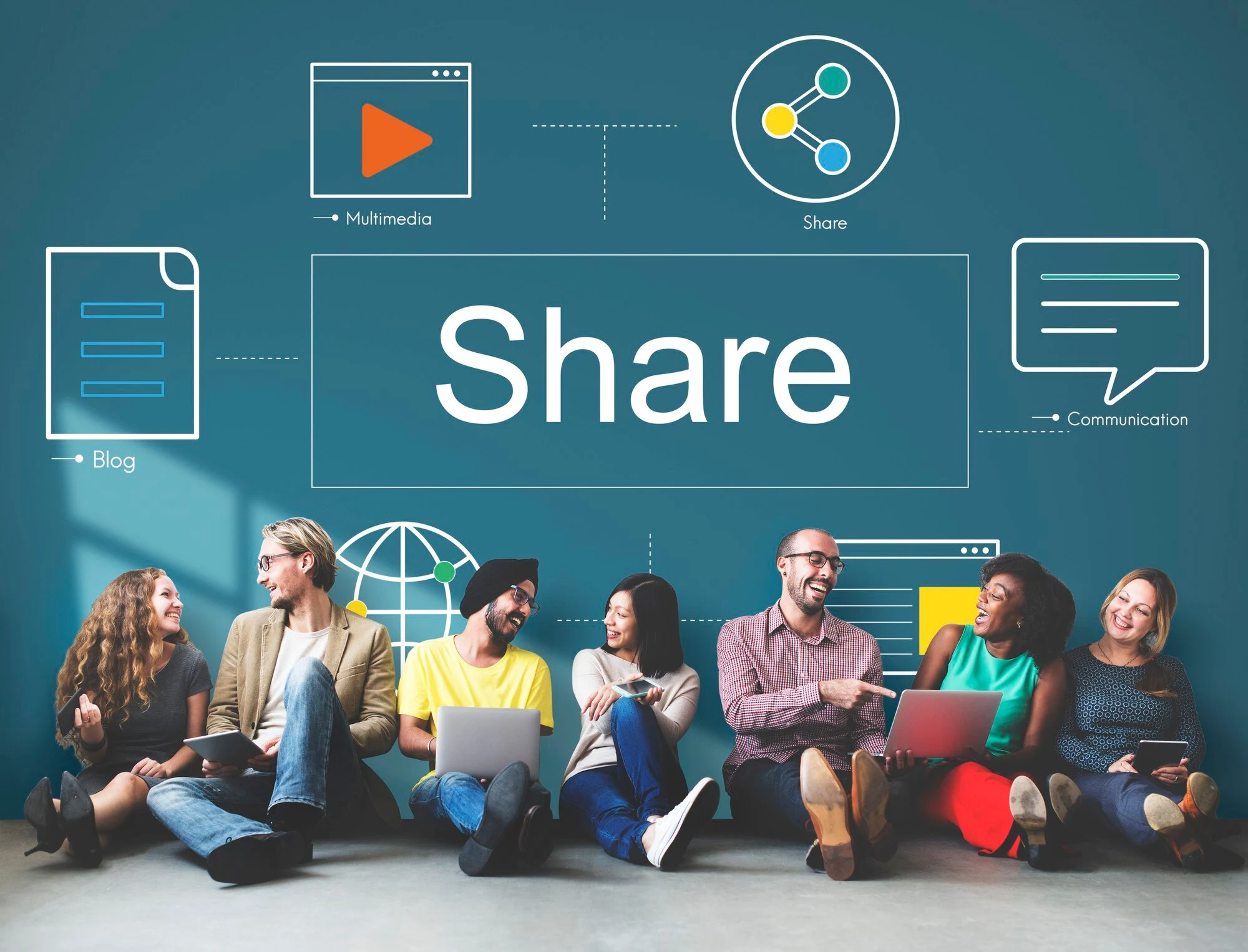 A diverse group of people sitting against a teal wall, using laptops and tablets. Above them, digital icons and the word 