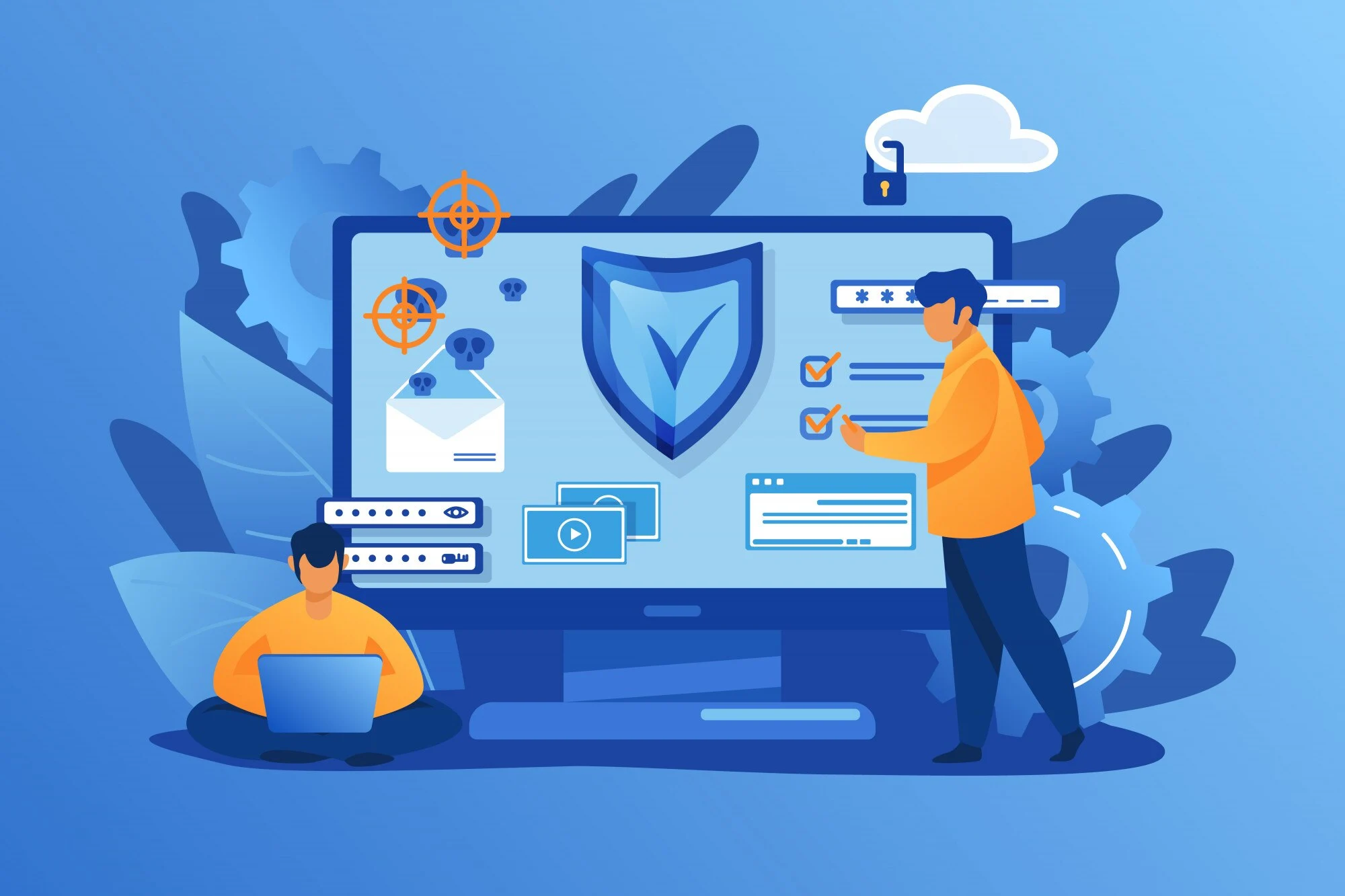 Two people work on cybersecurity tasks in front of a large screen displaying security icons, such as a shield, lock, and email, with gears and cloud in the background.