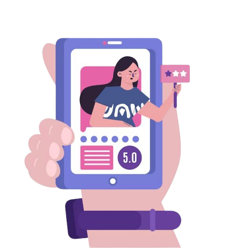 A hand holding a smartphone displaying a woman, illustrating a mobile app for gathering customer insights for businesses.