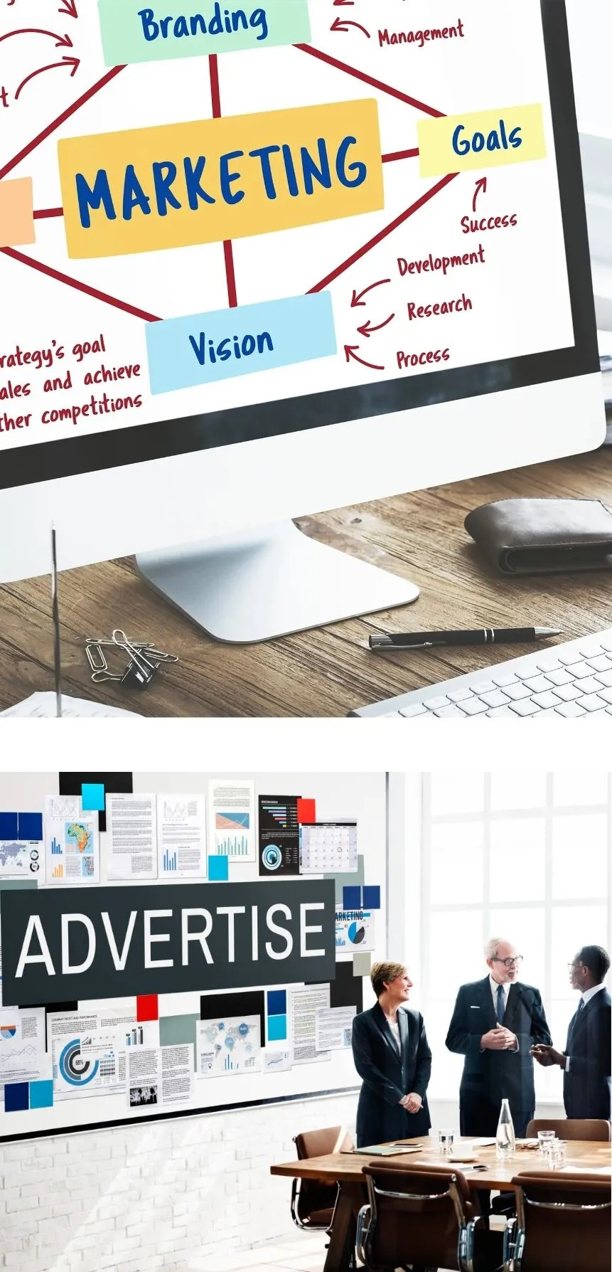 A diagram illustrating key components of a marketing strategy including branding, vision, and goals.