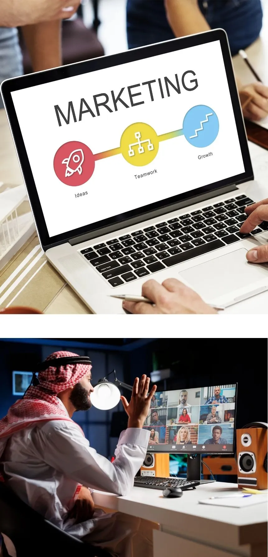 Image illustrated Marketing concepts on a laptop screen showcasing ideas, teamwork, and growth